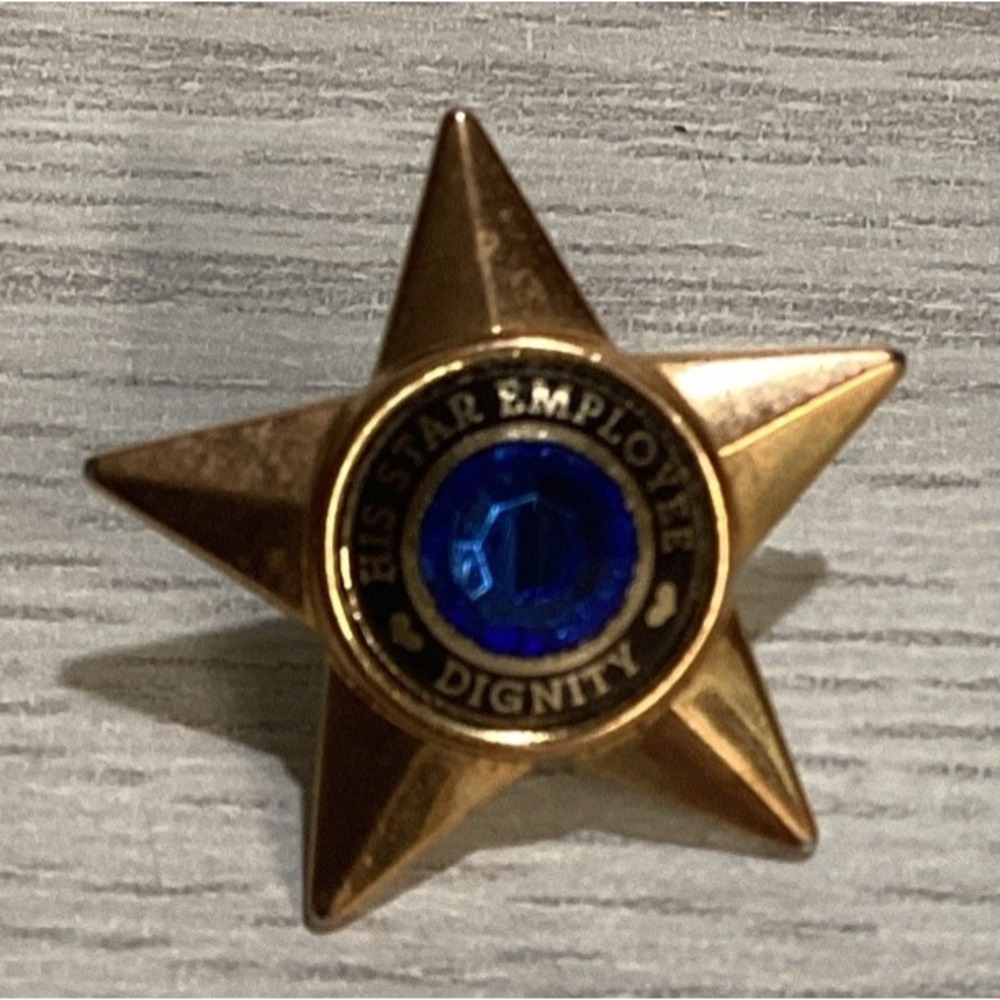 Goldtone Pin w/ Blue Stone Star Shaped Acknowledgement Award Vintage